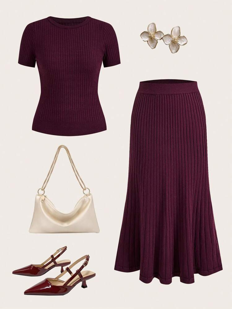 odelyn 2pcs Women Solid Color Scoop Neck Short Sleeve Top And Elegant Knit Skirt | SHEIN