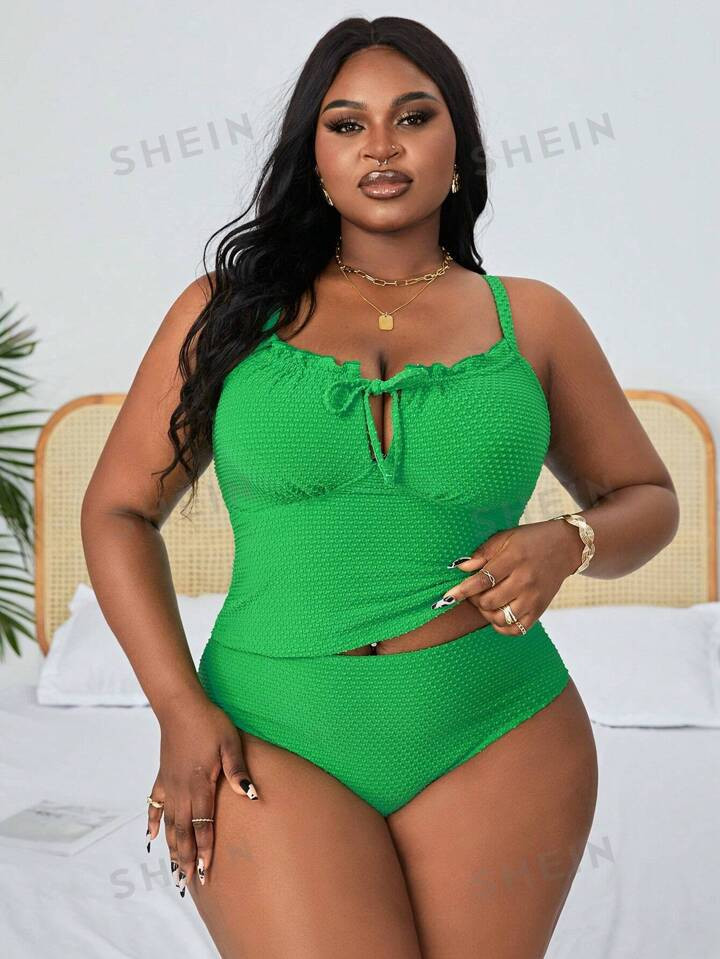 SHEIN Swim Curve Plus Size Summer Beach Solid Spaghetti Strap Ruched Tankini Set, Suitable For Be... | SHEIN