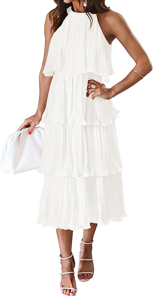 ZESICA Women's 2023 Summer Sleeveless White Flowy Dress Flowy Summer Dress Flowy Maxi Dress Dresses | Amazon (US)