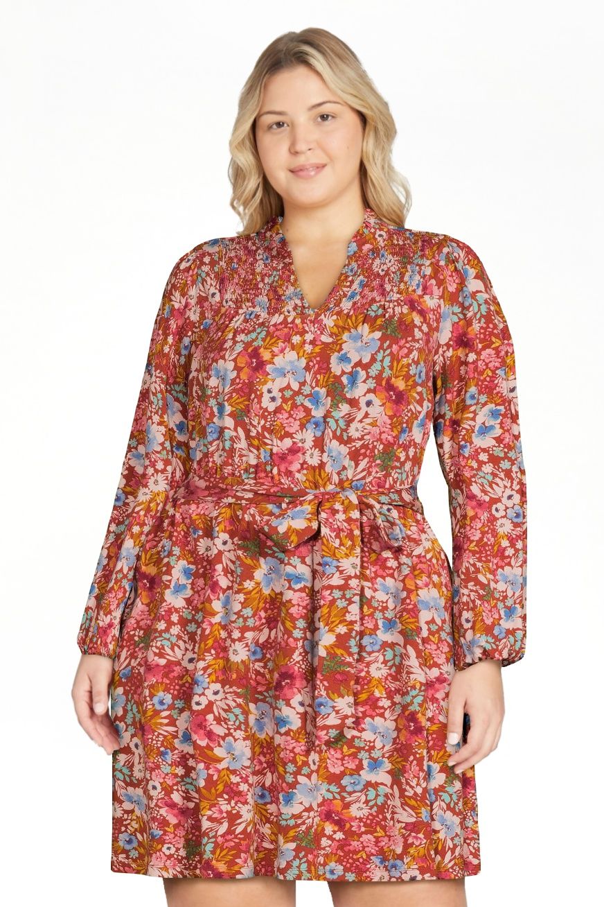 Time and Tru Women's Smocked Neck Mini Dress with Long Sleeves, Sizes XS-XXXL | Walmart (US)