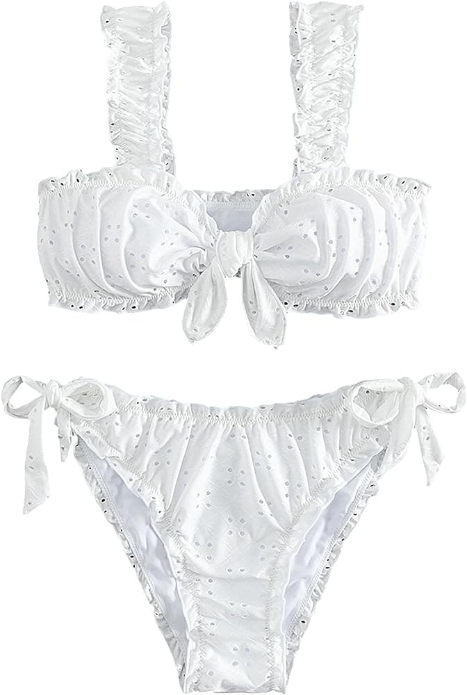 SHENHE Women's 2 Piece Cute Ruffle Swimsuit Knot Front Eyelet Tie Side Cut Bikini Set | Amazon (US)