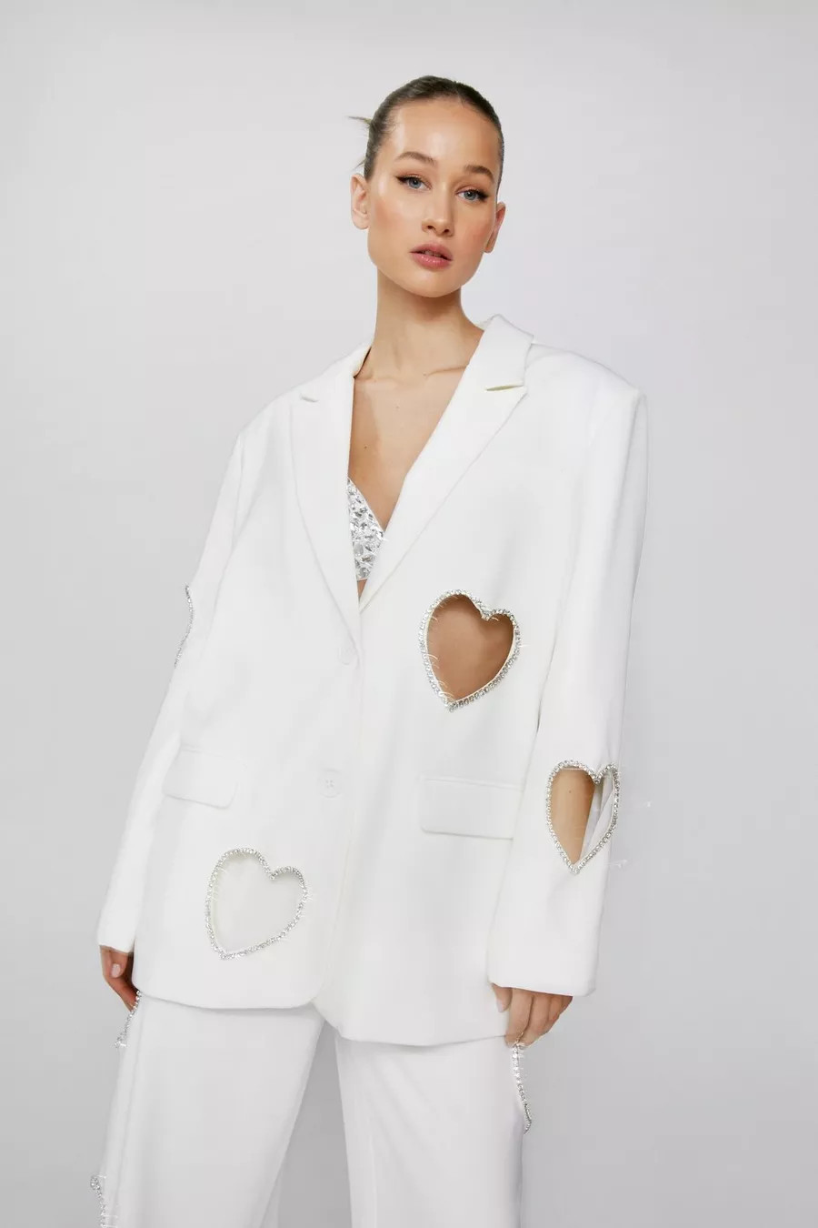 Premium Cut Out Embellished Heart Satin Blazer | Nasty Gal US