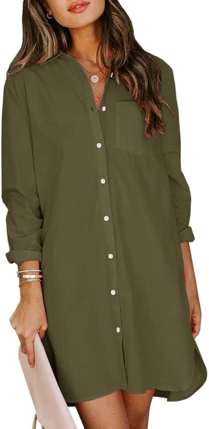 Lanliun Women's Casual Button Down Shirt Dresses Long Sleeve Turndown Collar Pocketed Plain Mini ... | Amazon (US)