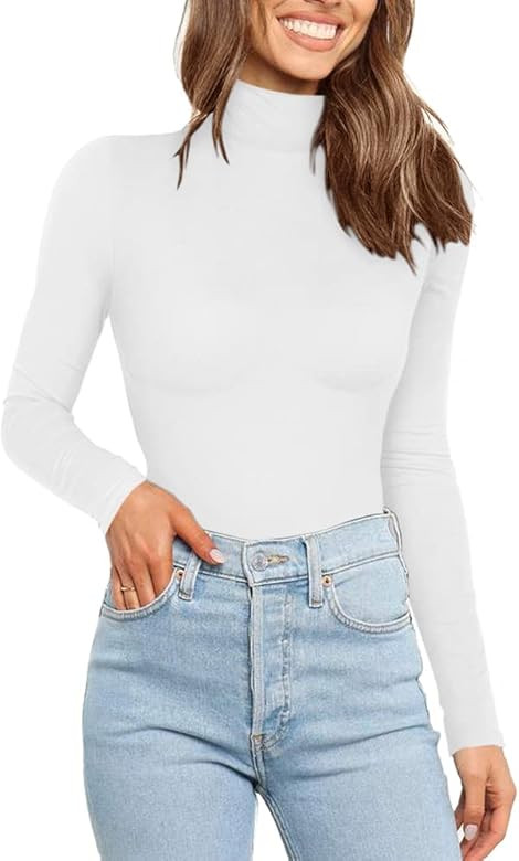 REORIA Women’s Fall Mock Turtleneck Double Lined Long Sleeve Bodysuits Tops Leotards | Amazon (US)