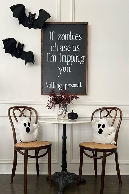 Halloween touches to my little bistro area. The bats and glowing pumpkin are from the Dollar Tree and I made the sign from a chalkboard I had  

#LTKHalloween #LTKhome #LTKSeasonal