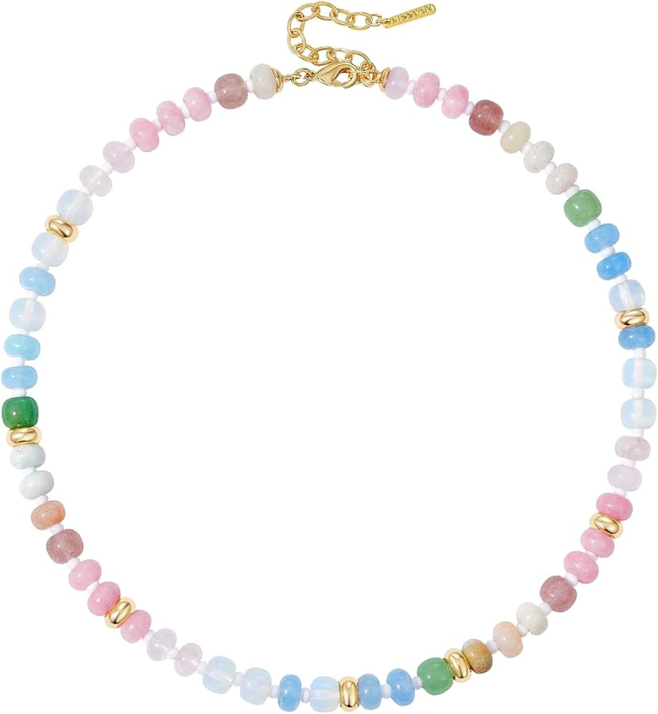 KissYan Beaded Necklaces for Women, Adjustable Natural Gemstone Choker with 14K Gold Plated Cubic... | Amazon (US)