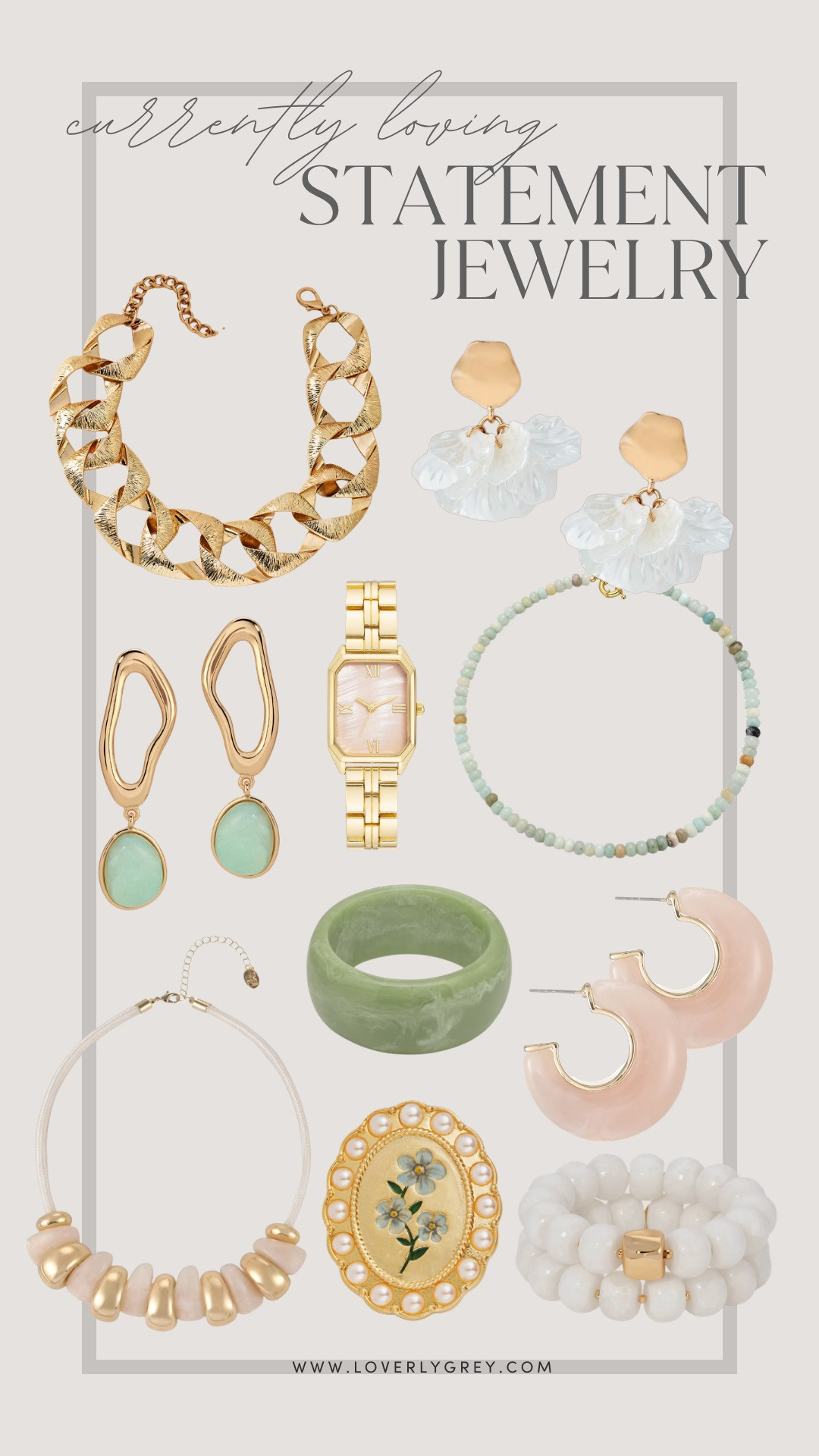 Statement jewelry has been a must for me recently! Chunky gold chains, sculptural earrings, and soft pastel accents that elevate a simple outfit. Perfect for spring styling, layering, and adding a polished finish to everyday looks!

Loverly grey, statement jewelry, chunky gold necklace, gold watch, resin accessories, beaded necklace 

 #LTKSeasonal