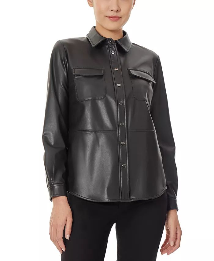 Women's Faux Leather Snap Front Utility Blouse | Macy's