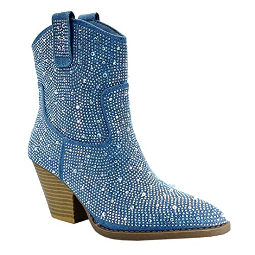 ABSOLEX Women Western Cowgirl Cowboy Pointed Toe Rhinestone Ankle Booties, Blue Denim, 6.5 | Amazon (US)