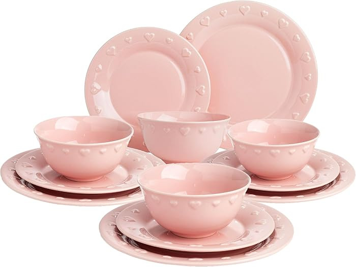 Paris Hilton 12-Piece Dinnerware Set, Embossed Hearts. Iconic Ceramic Stoneware Service for 4 wit... | Amazon (US)