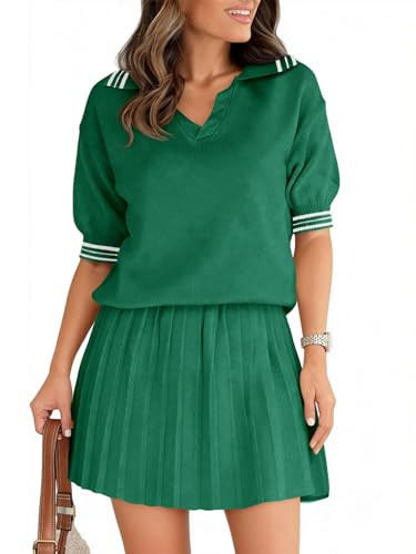 Fisoew Womens Summer 2 Piece Skirt Sets Short Sleeve V Neck Knit Sweater Tops Pleated Mini Skirt Casual Beach Outfits | Amazon (US)