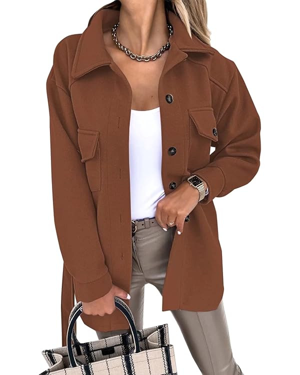 FARYSAYS Womens Shacket Jackets Long Sleeve Button Down Shirts Trench Pea Coat | Amazon (US)