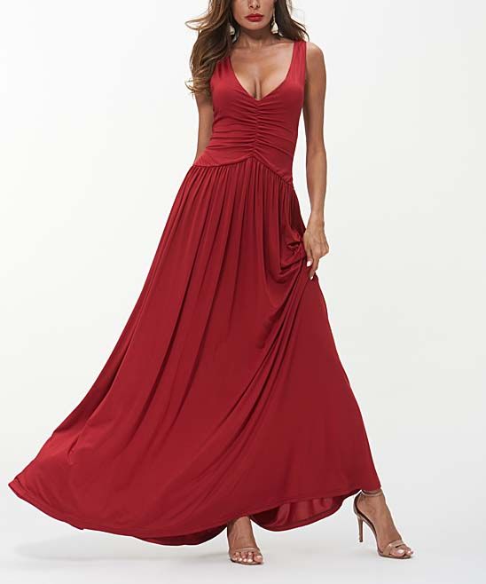 Maison Mascallier Women's Casual Dresses Red - Red Front-Ruched V-Neck Maxi Dress - Women | Zulily