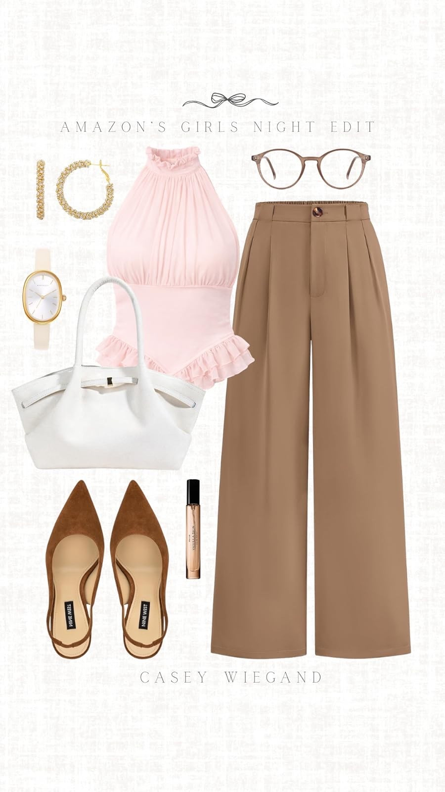 Night out style: chic pink ruffled top, wide leg pants, and gold hoops. Perfect for a glamorous evening! #NightOutStyle

#LTKootd #LTKdayinmylife #LTKgrwm