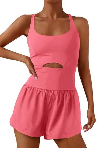 ReachMe Womens Running Onesie Workout Rompers One Piece Work out Outfits Athletic Romper Jumpsuits(Watermelon Red,XS) | Amazon (US)