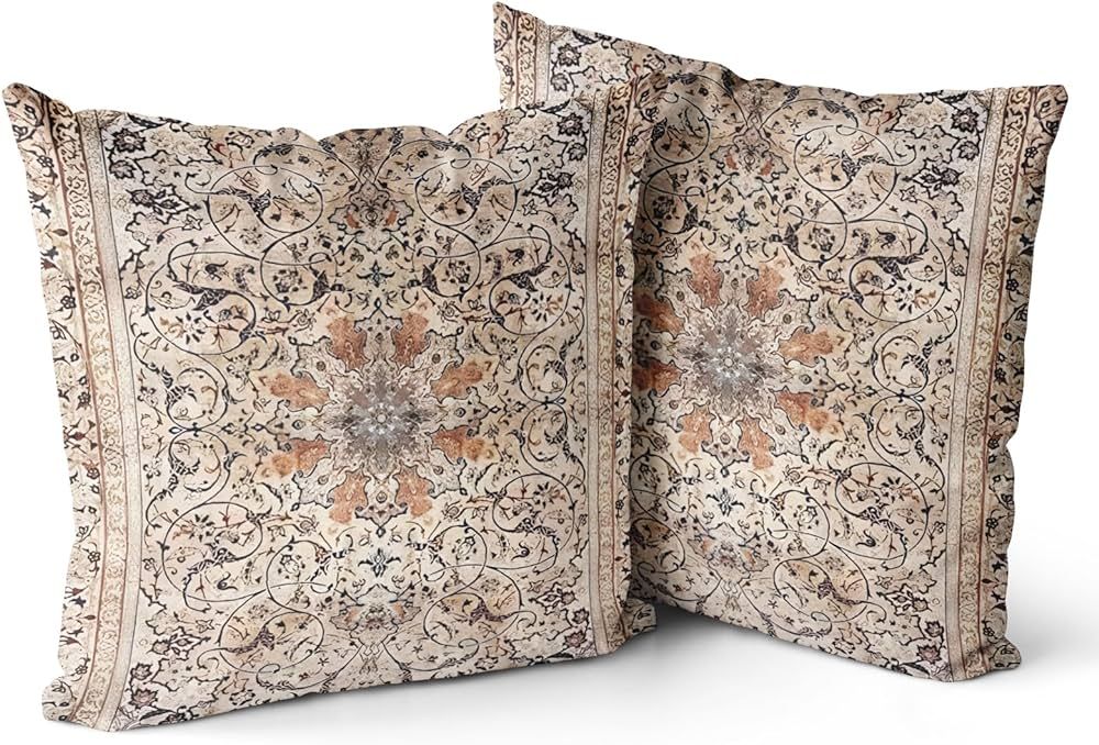 Boho Throw Pillow Covers 18x18 inch Set of 2 Ethnic Floral Cotton Short Plush Square Cushion Cove... | Amazon (US)