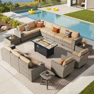 Loomcraft 16 Pieces Wicker Outdoor Patio Rectangular Fire Pit Set and Swivel Rocking Chairs with Beige Cushions | The Home Depot