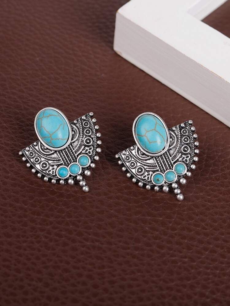 EMERY ROSE Turquoise Decor Textured Metal Earrings | SHEIN