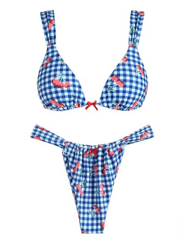 ZAFUL Women's Triangle Bikini Set Bow Decor Spaghetti Straps Bikini Swimsuit 2 Pieces Thong Bathing Suits (2-Cherry Blue, S) | Amazon (US)