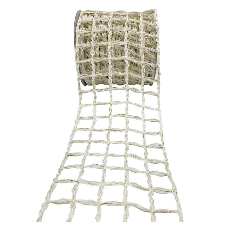 4" White & Gold Knit Lattice Ribbon, 5yd | At Home