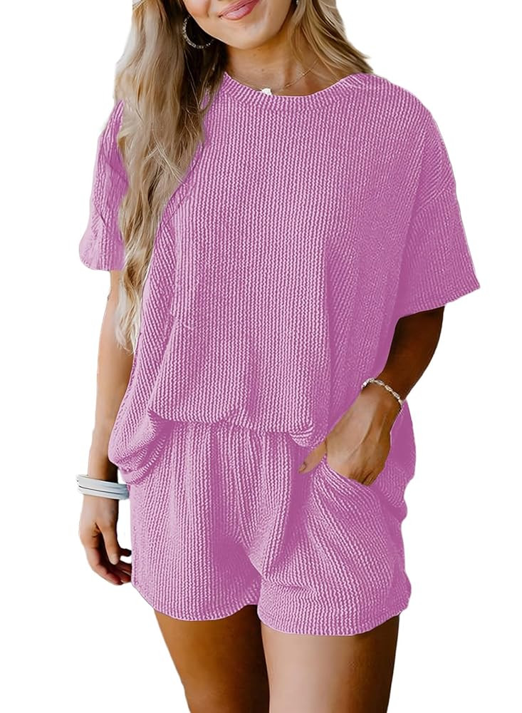 SHEWIN Two 2 Piece Sets for Women Short Sleeve Shirts High Waisted Shorts with Pockets Pajamas Lo... | Amazon (US)