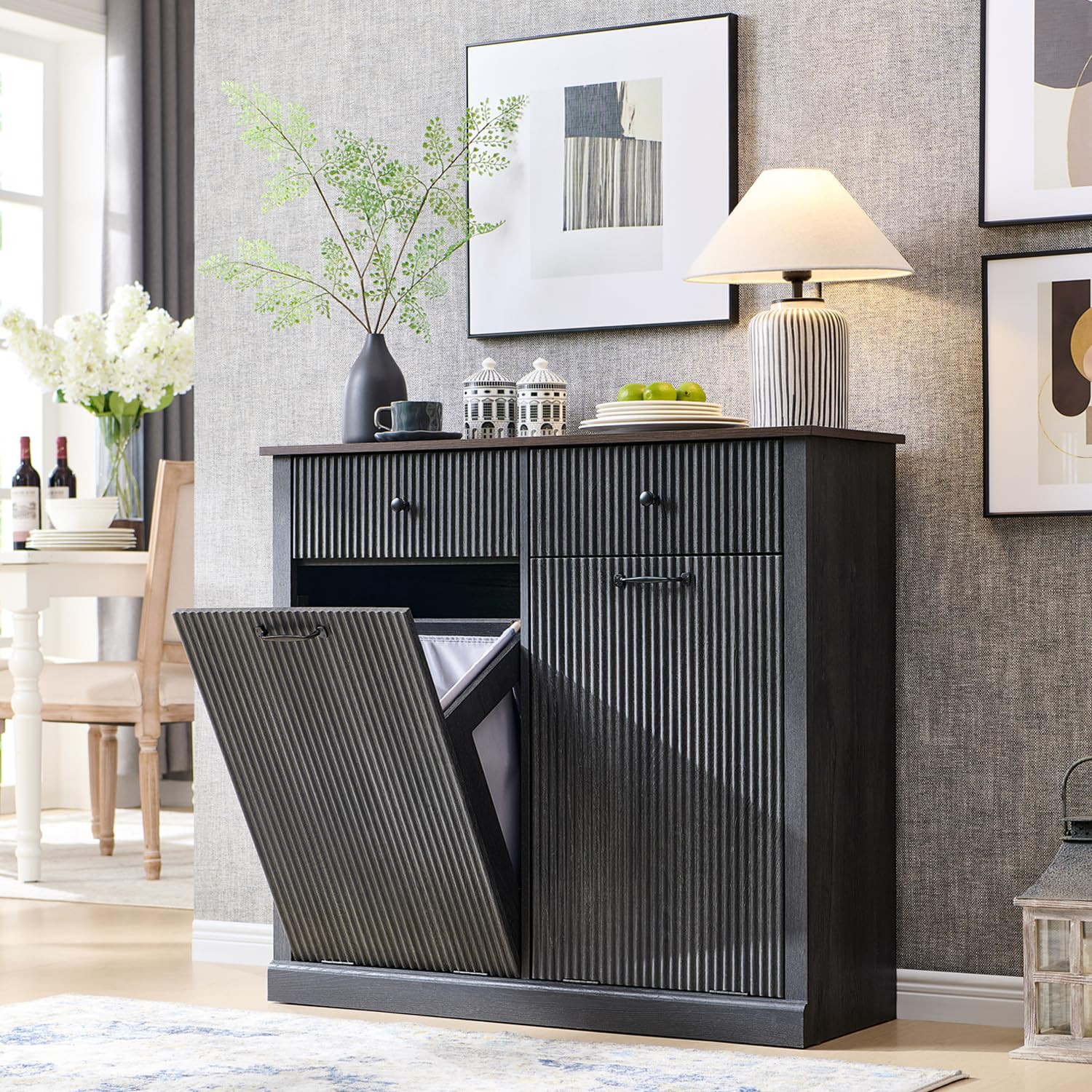 Modern Double Tilt-Out Trash Cabinet, 20 Gallon Fluted Laundry Hamper Cabinet with 2 Drawers, Woo... | Amazon (US)