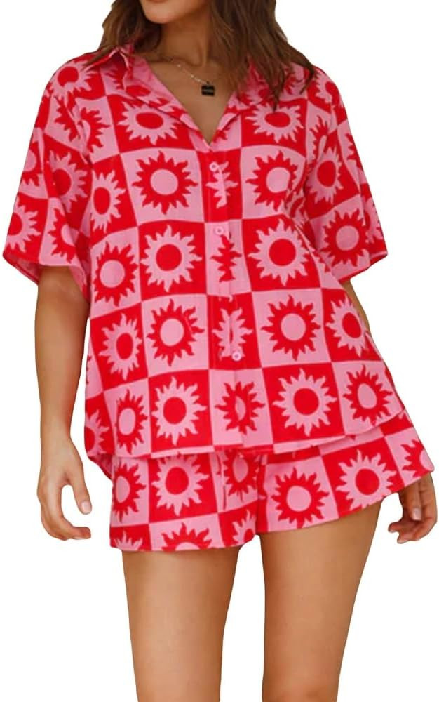 Juakoso Y2K Summer 2 Piece Beach Outfits Women Casual Printed Shirts and Shorts Lounge Sets Vacat... | Amazon (US)