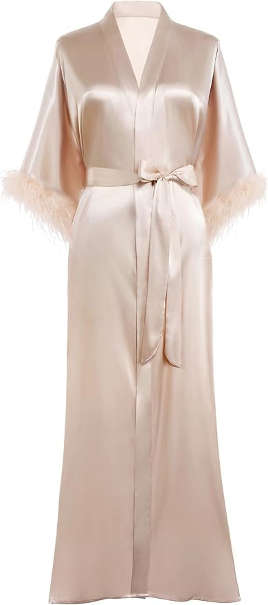PRODESIGN Satin Kimono Robe Long Silky Bathrobe with Ostrich Feather Trim Sleepwear Wedding Bride... | Amazon (US)