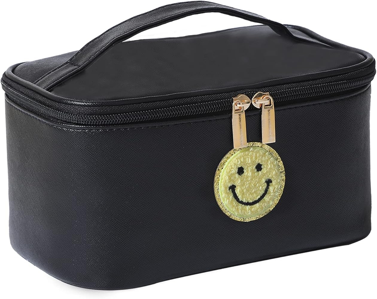 WALONER Preppy Patch Makeup Bag Leather Cosmetic Bag Large Makeup Pouch, Portable Waterproof Trav... | Amazon (US)