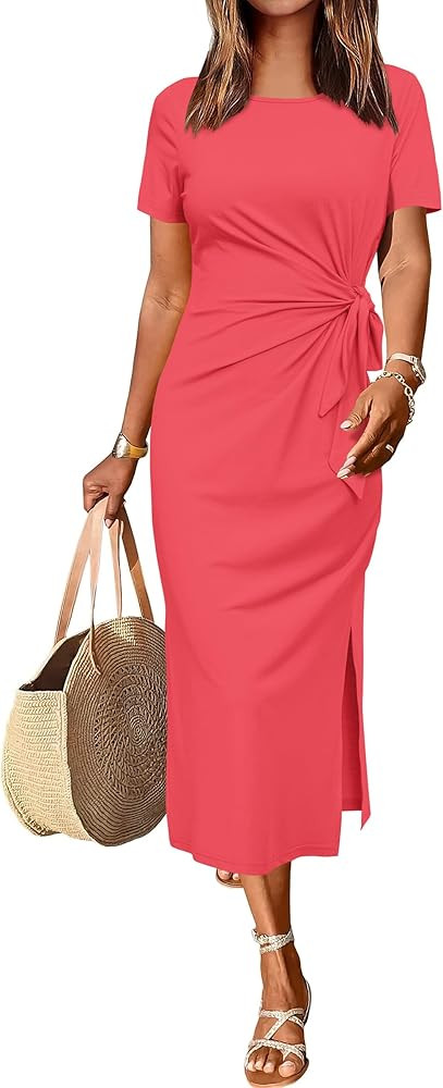 Newshows Women 2025 Summer Casual Dress Tie Waist T Shirt Short Sleeve Spring Crew Neck Slit Maxi... | Amazon (US)