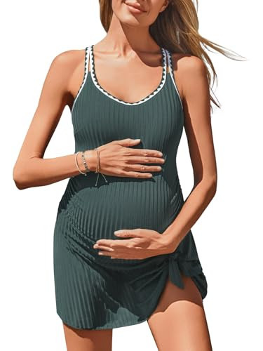 Summer Mae Ribbed Maternity One Piece Swim Dress Pregnancy Swimsuit with Built-in Bottom Swimwear Tie Knot Skirt Bathing Suit Olive 6-8 | Amazon (US)