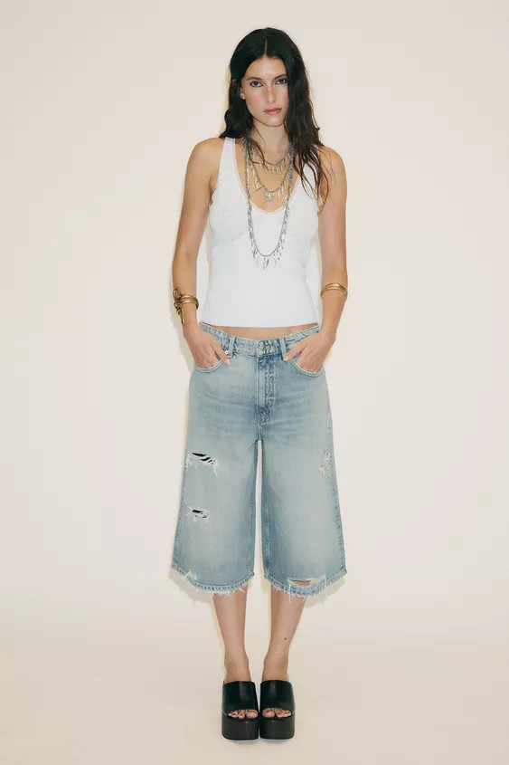 RIPPED TRF BAGGY DENIM JORTS | Zara US