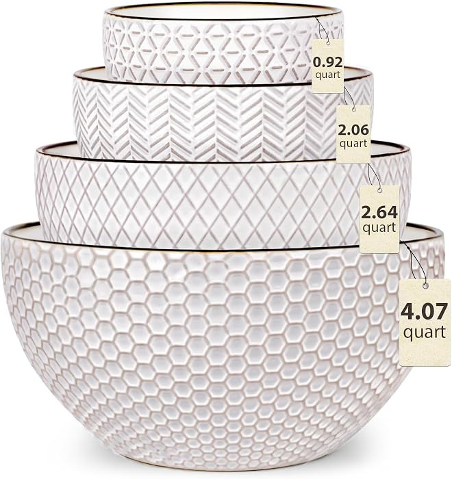 Ollieroo Ceramic Mixing Bowls, Set of 4 Embossed Nesting Bowls, Large Stoneware prepping bowls for Cooking, Baking, Salad, Sourdough, 0.92/2.06/2.64/4.07 QT, Microwave and Dishwasher Safe, White | Amazon (US)