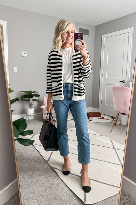 White T-shirt with jeans and a lady jacket! 
T-shirt- mine is from Target last year, I linked similar 
Jeans- 26/short
Cardigan- small
Shoes- 7.5
Purse- thrifted, brand is Kate Spade, linked similar 

#LTKfindsunder100 #LTKSeasonal #LTKstyletip