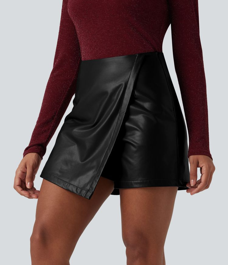 Women’s High Waisted Mini Fleece Casual PU Leather Skort - Halara | HALARA