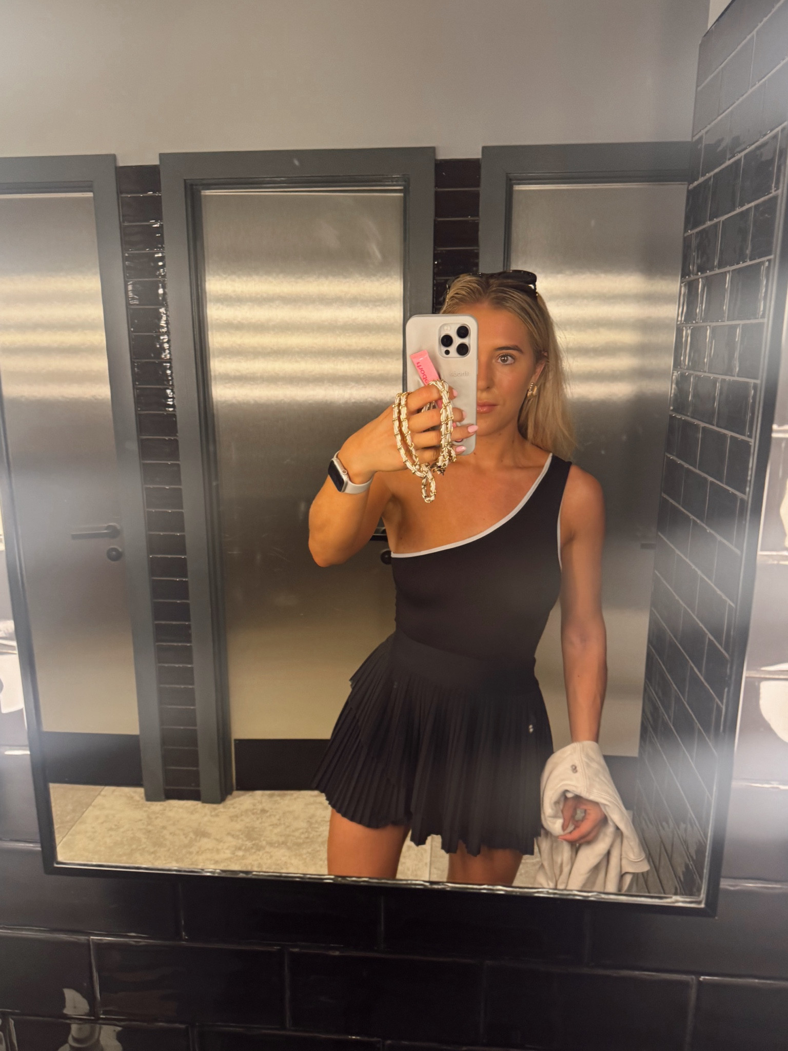 One shoulder top - one shoulder vest - asymmetrical top - asymmetric top - one shoulder top - piping detail top - monochrome top - Lululemon - tennis skirt - black skirt - pleated skirt - little black skirt - mini skirt - pleated mini skirt - Lululemon align skirt - Lululemon tennis skirt - black outfit - black and white outfit - rhode phone case - rhode lipgloss - celine sunglasses - Celine triomphe sunglasses 

#LTKstyletip #LTKswimwear #LTKfitness
