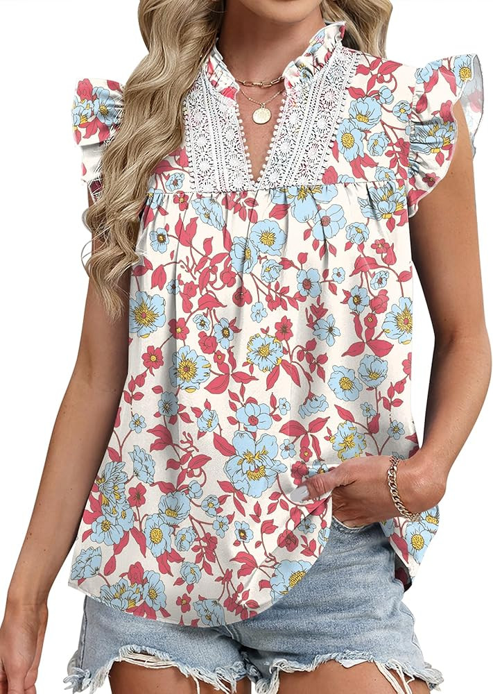 AKEWEI Womens Summer Ruffle Sleeve Lace Embroidered V Neck Work Blouses Pleated Tank Top | Amazon (US)
