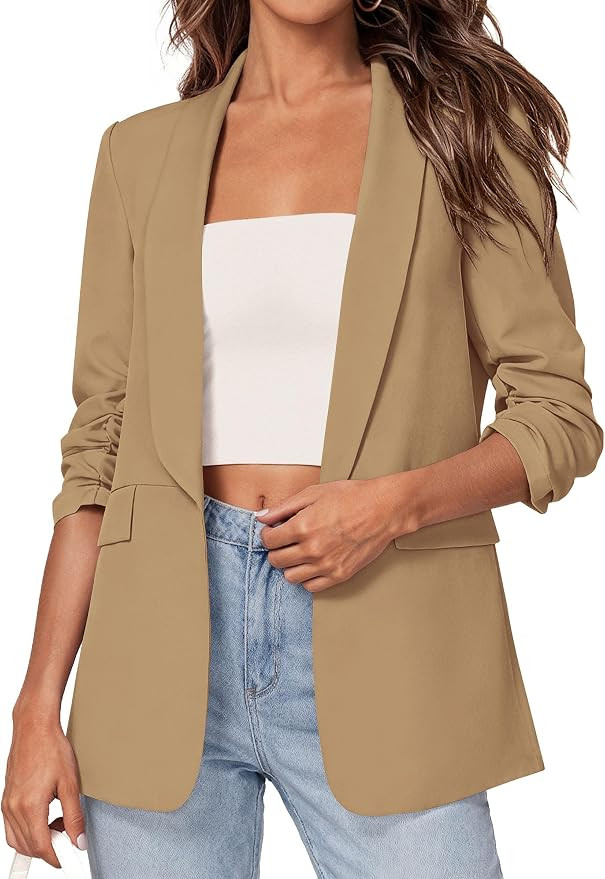 PRETTYGARDEN Women's Summer Blazers Business Casual Outfits | Ruched 3/4 Sleeve,Shawl Lapel,Colla... | Amazon (US)