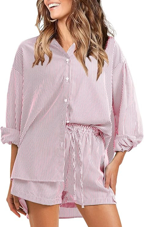 EXLURA Women's Cotton Summer 2 Piece Sets Long Sleeve Button Down Shirts Matching Short Sets Beac... | Amazon (US)
