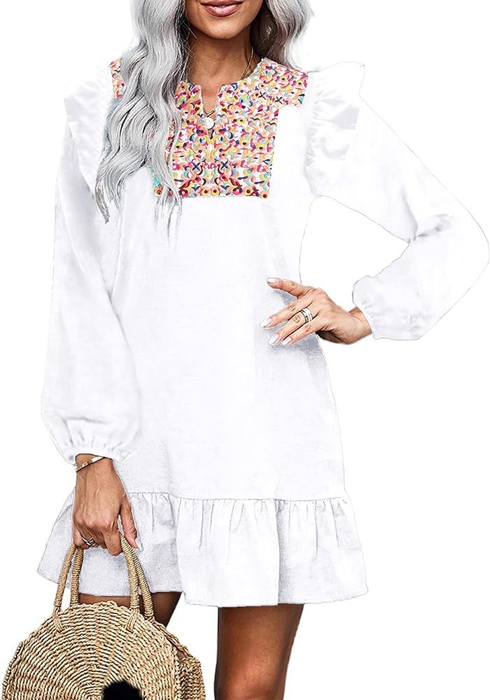 KIRUNDO 2023 Women's Summer Mini Dress Casual V Neck Floral Embroidered Ruffle Sleeveless Shift Dres | Amazon (US)