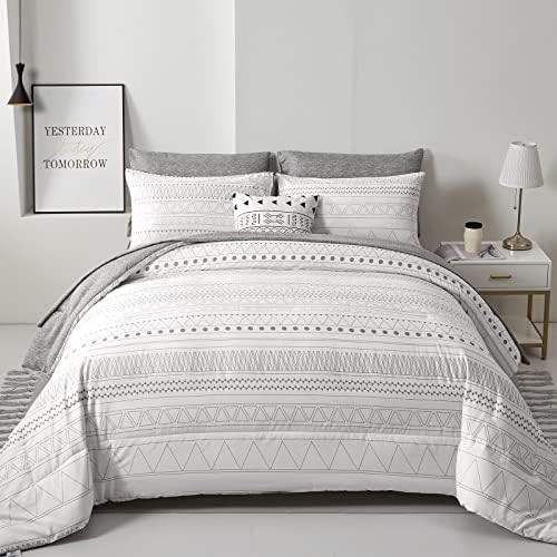 Boho Comforter Set Queen,7 Pieces Bed in a Bag White Grey Comforter Geometric Bedding Set Bohemia... | Amazon (US)
