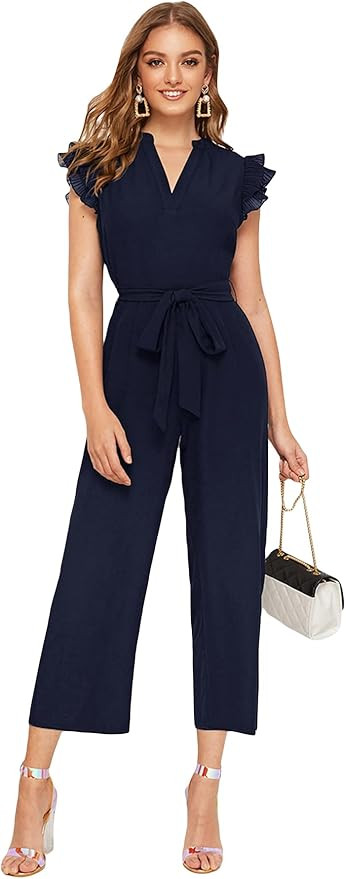 WDIRARA Women's Layered Ruffle Cap Sleeve Notched V Neck Belted Jumpsuit Pants | Amazon (US)