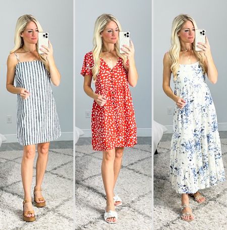 ✨RED, WHITE & BLUE✨ outfit ideas for MDW and July 4th! Summer is almost here which means, backyard bbqs, pool parties, warm summer nights, and celebrating USA! Linen stripe dress also comes in solid red and white. Button up dress is shade: orange but in person it’s red. Bump and nursing friendly. 

#LTKstyletip #LTKFind #LTKunder100