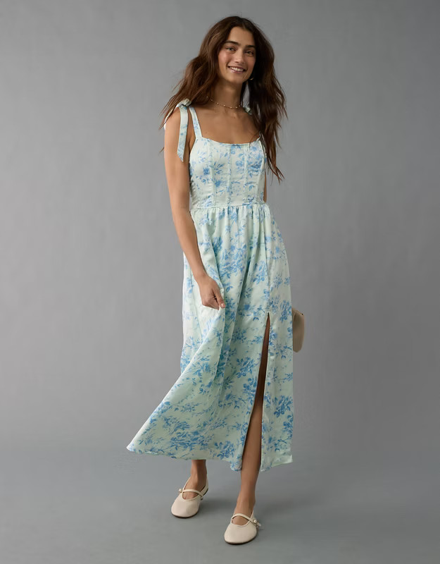 AE Corset Tie Strap Floral Midi Dress | American Eagle Outfitters (US & CA)