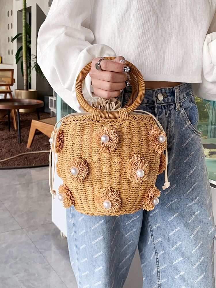 Mini Flower & Faux Pearl Decor Top Ring Straw Bag | SHEIN