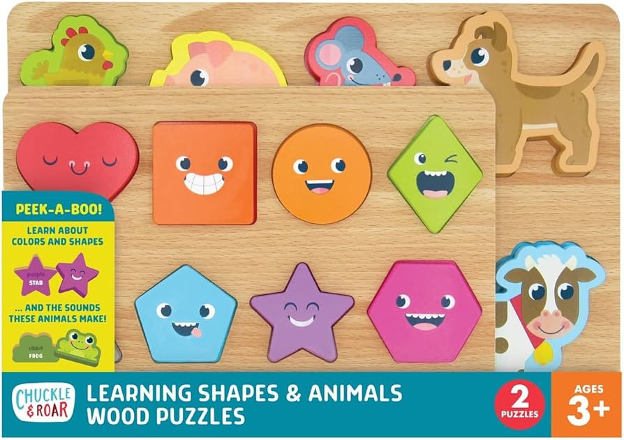 Chuckle & Roar - 2 Pack Shapes and Animals Wooden Puzzles - Fun and Educational Wooden Puzzle for... | Amazon (US)