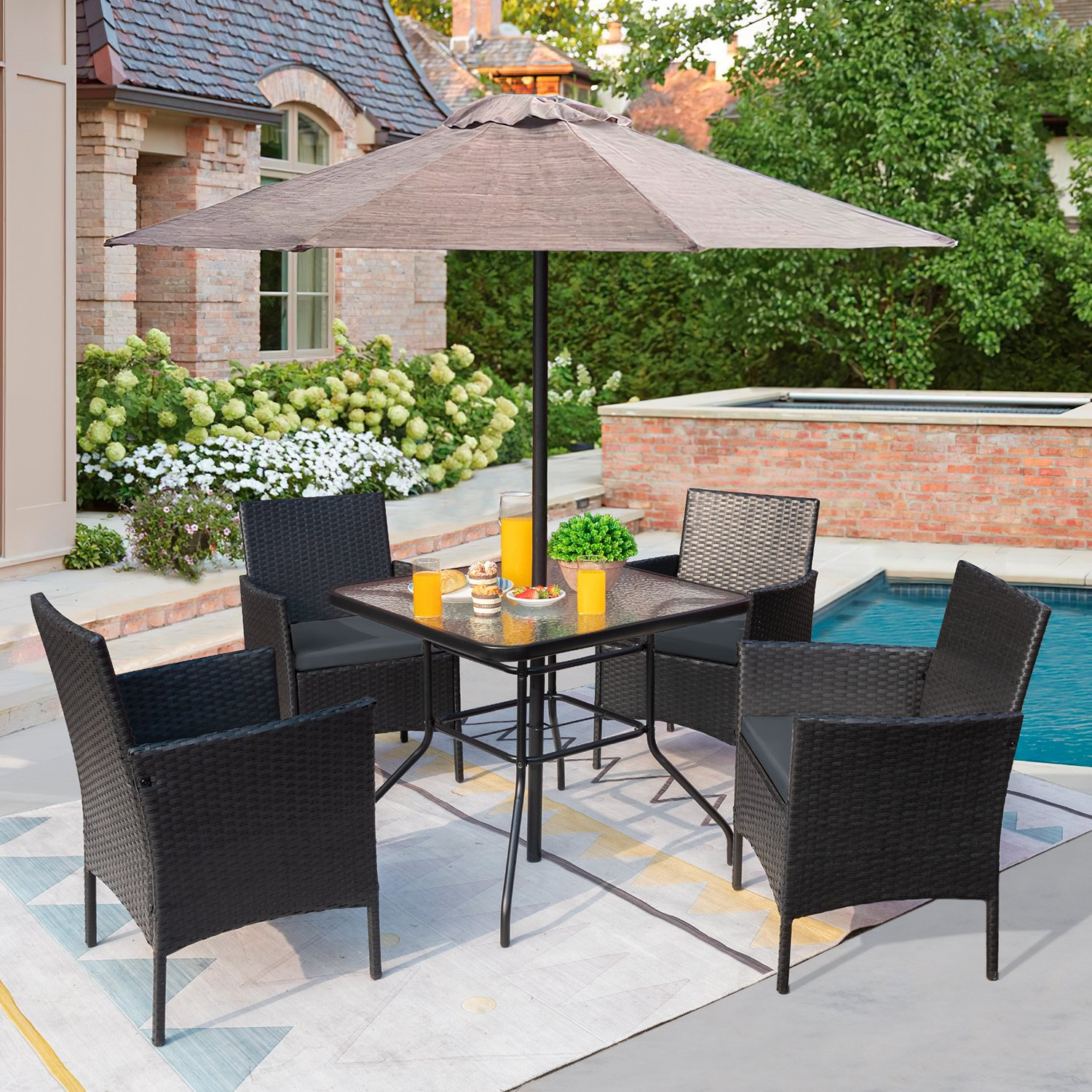 Vineego 5 Piece Patio Conversation Set Wicker Chairs Set with Tempered Glass Table, Gray | Walmart (US)