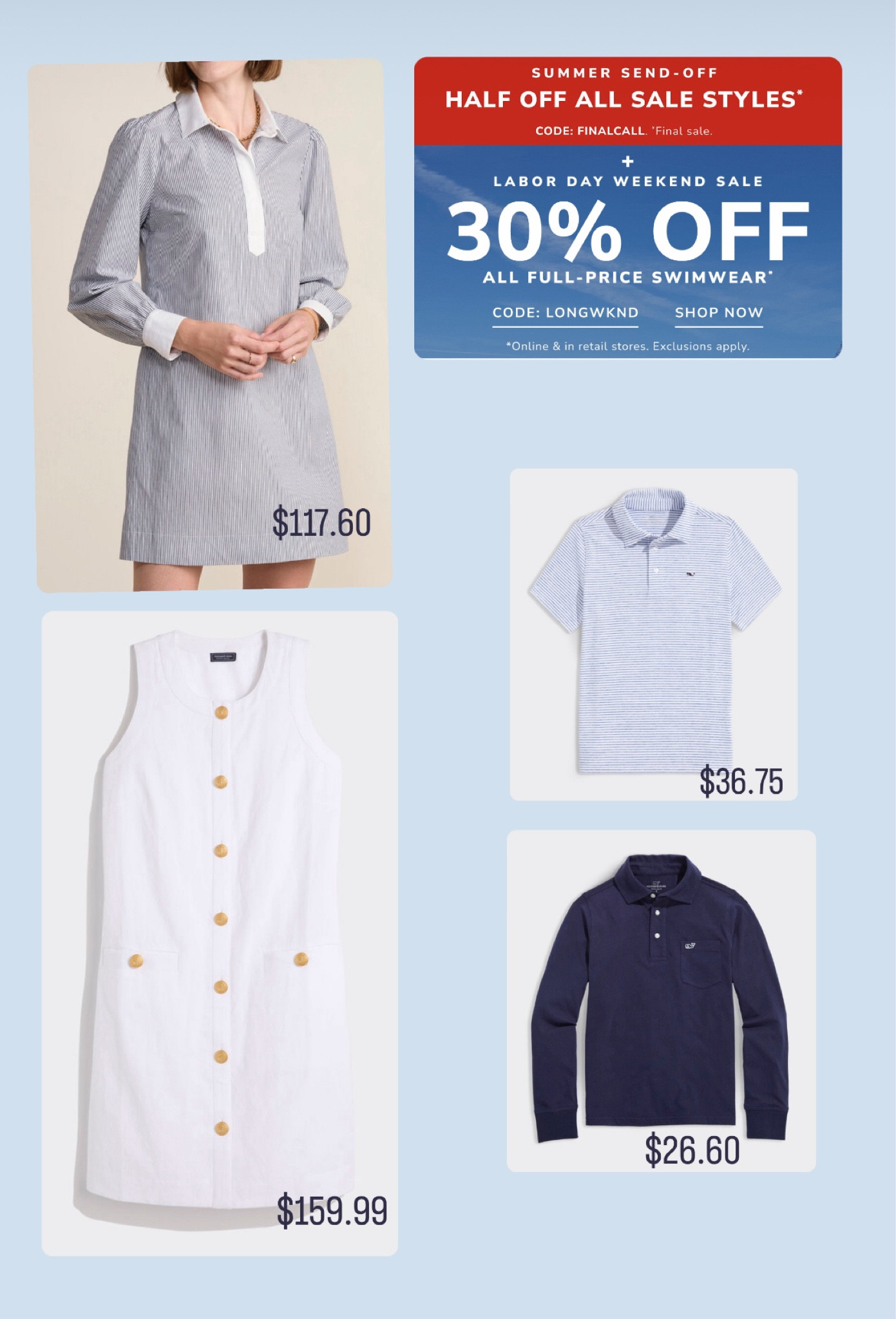 Shop our favorite picks from the Labor Day sale at Vineyard Vines this weekend. 

We love the boys polos! They wash so well and are TTS.

The top dress is perfect for fall. It ran large on me so I’d size down. And the bottom dress, I’d layer it with a sweater over my shoulders and pair with ballet flats to carry me through fall. TTS on the white dress. 

#LTKFamily #LTKSaleAlert #LTKKids
