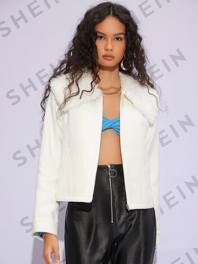 SHEIN Zipper Placket Fuzzy Contrast Collar Overcoat | SHEIN