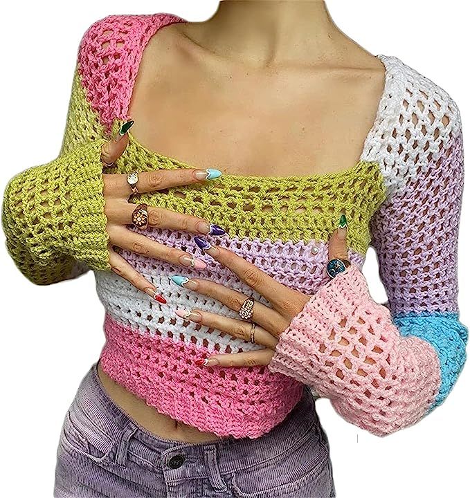 Women Long Sleeve Hollow Out Sweater Crop Top Y2k Crochet Knit Color Block Pullover Shirt Jumper ... | Amazon (US)